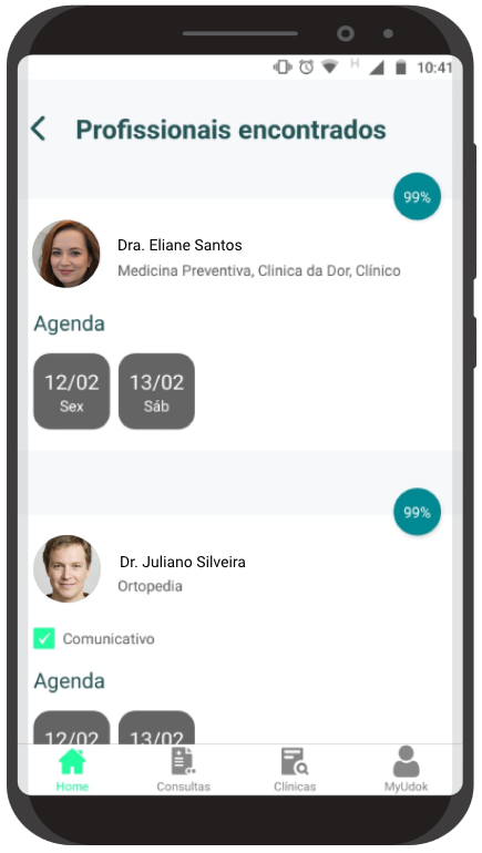 Escolha o profissional ao clicar no item da lista de resultados